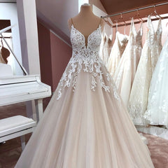 Wedding Dresses Sleeve, Long A-Line V-neck Spaghetti Straps Backless Appliques Lace Tulle Wedding Dress