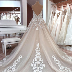 Wedding Dress Sleevs, Long A-Line V-neck Spaghetti Straps Backless Appliques Lace Tulle Wedding Dress
