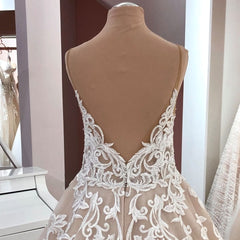 Weddings Dresses Fall, Long A-Line V-neck Spaghetti Straps Backless Appliques Lace Tulle Wedding Dress