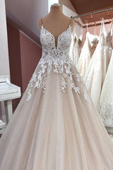Wedding Dresses Sleeved, Long A-Line V-neck Spaghetti Straps Backless Appliques Lace Tulle Wedding Dress
