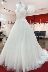 Wedding Dress Open Back, Long A-line V-neck Spaghetti Straps Backless Wedding Dress with Lace