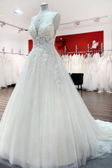 Wedding Dress Wedding Dress, Long A-line V-neck Spaghetti Straps Tulle Lace Backless Wedding Dress