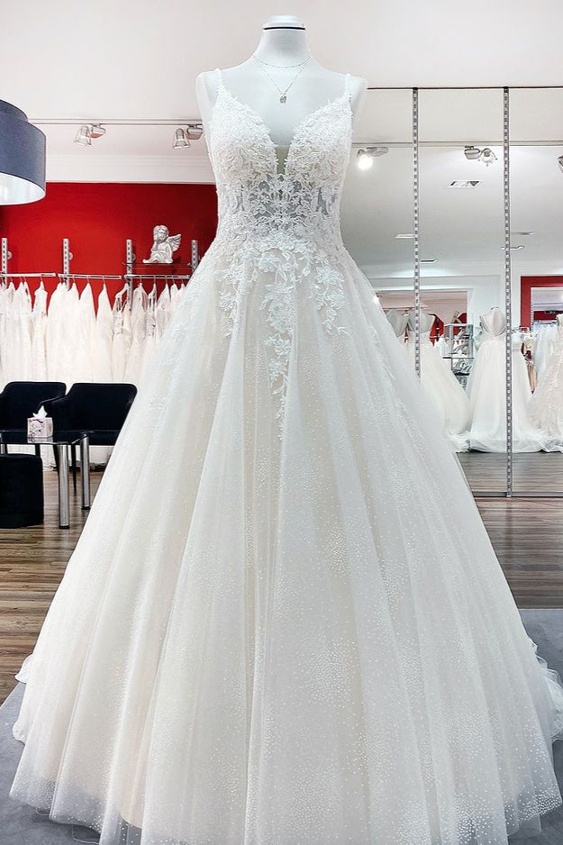 Wedding Dresses Aesthetic, Long A-line V-neck Spaghetti Straps Tulle Lace Backless Wedding Dress