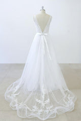 Wedding Dresses Shoulder, Long A-line V-neck Sweetheart Ruffle Applqiues Tulle Backless Wedding Dress