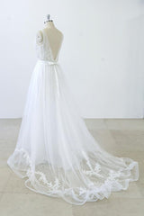 Wedding Dress Shoulders, Long A-line V-neck Sweetheart Ruffle Applqiues Tulle Backless Wedding Dress