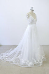 Wedding Dress Shoulder, Long A-line V-neck Sweetheart Ruffle Applqiues Tulle Backless Wedding Dress