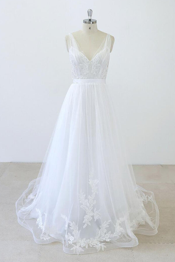 Weddings Dresses For The Beach, Long A-line V-neck Sweetheart Ruffle Applqiues Tulle Backless Wedding Dress