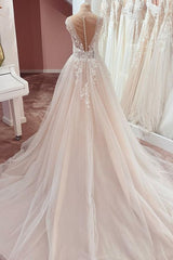 Wedding Dresses Chic, Long A-Line V-neck Wide Straps Appliques Lace Tulle Wedding Dress