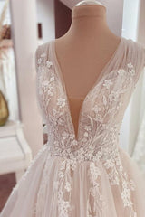 Wedding Dresses Sleeves, Long A-Line V-neck Wide Straps Appliques Lace Tulle Wedding Dress