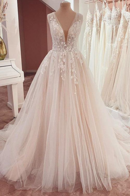 Wedding Dress Under, Long A-Line V-neck Wide Straps Appliques Lace Tulle Wedding Dress