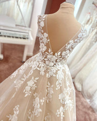 Wedding Dress For Fall Wedding, Long A-Line V-neck Wide Straps Backless Appliques Lace Tulle Wedding Dress