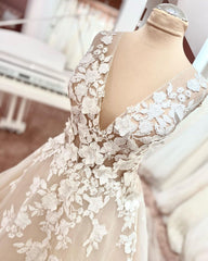 Wedding Dress Petite, Long A-Line V-neck Wide Straps Backless Appliques Lace Tulle Wedding Dress