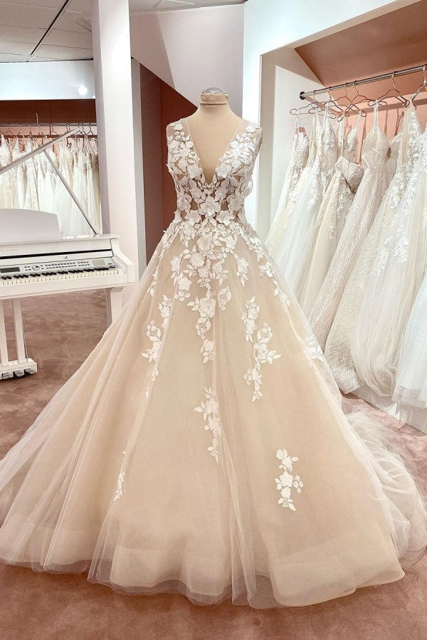 Wedding Dresses For Fall Wedding, Long A-Line V-neck Wide Straps Backless Appliques Lace Tulle Wedding Dress