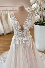 Wedding Dresses Cheap, Long A-Line Wide Straps Tulle  Floral Lace Wedding Dress