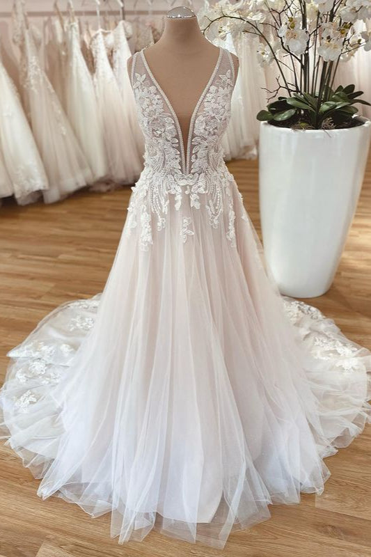 Wedding Dress Shop, Long A-Line Wide Straps Tulle  Floral Lace Wedding Dress