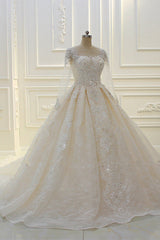 Wedding Dress Sales, Long Ball Gown Beading Bateau Appliques Lace Wedding Dress with Sleeves