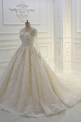 Wedding Dresses Sales, Long Ball Gown Beading Bateau Appliques Lace Wedding Dress with Sleeves
