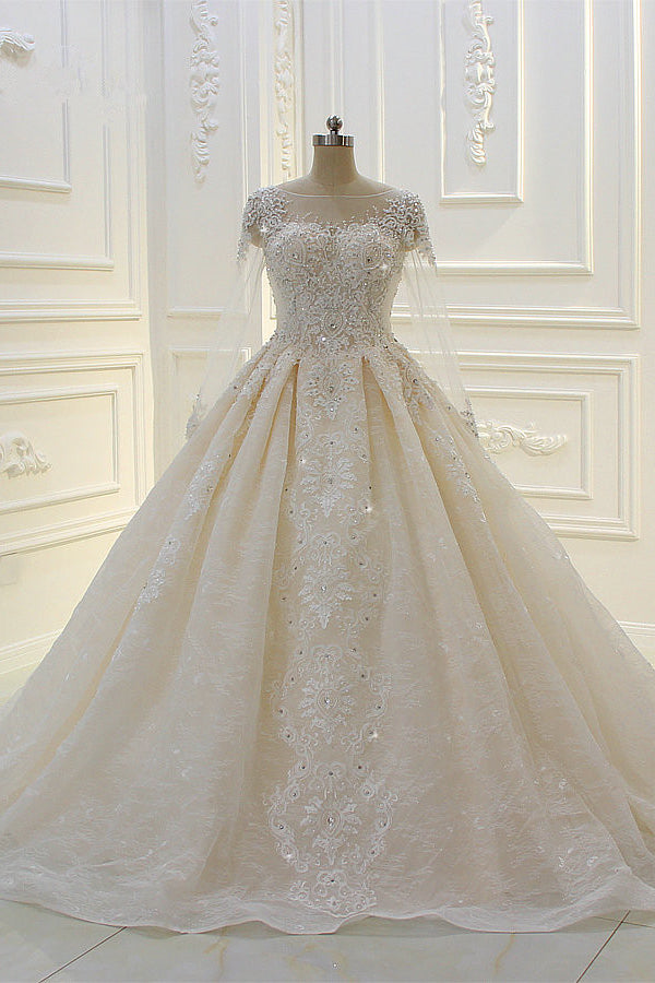 Wedding Dresses Deals, Long Ball Gown Beading Bateau Appliques Lace Wedding Dress with Sleeves