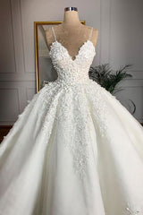 Wedding Dress The Bride, Long Ball Gown Spaghetti Strap Appliques Lace Satin Wedding Dress