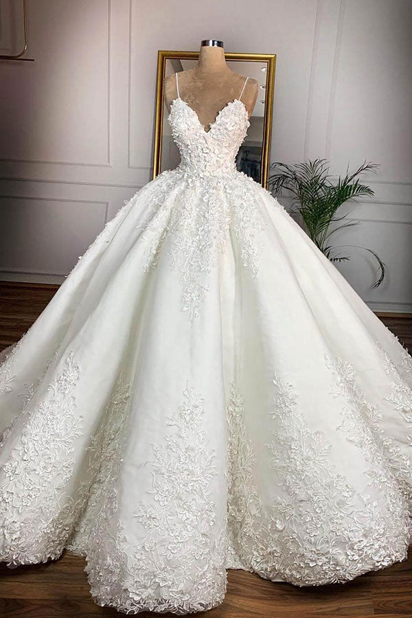 Wedding Dress Bride, Long Ball Gown Spaghetti Strap Appliques Lace Satin Wedding Dress