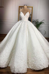 Wedding Dress Bride, Long Ball Gown Spaghetti Strap Appliques Lace Satin Wedding Dress