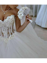 Wedding Dresses Lace Romantic, Long Ball Gown Strapless Lace Tulle Wedding Dresses