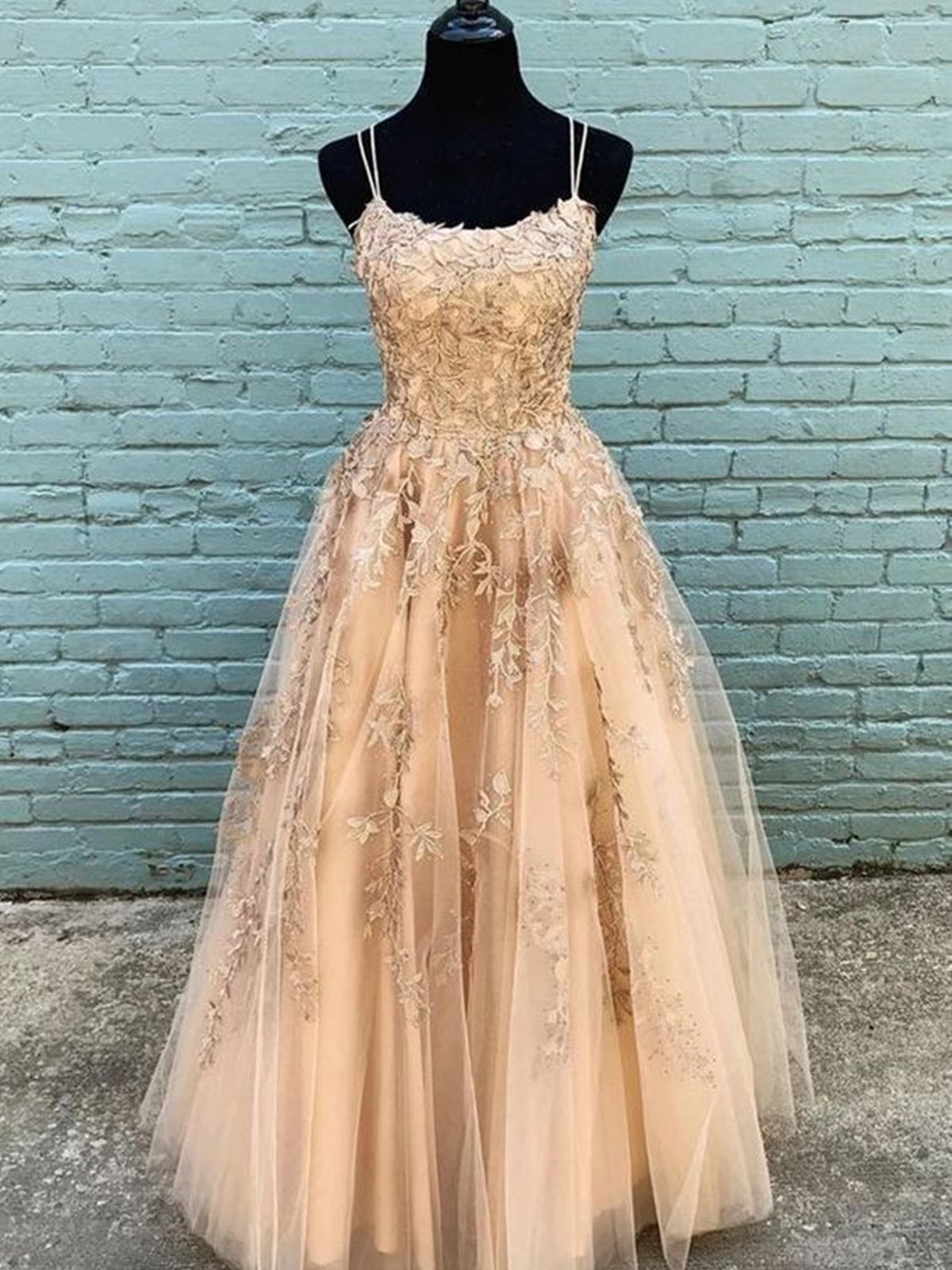 Party Dress Halter Neck, Long Champagne Lace Prom Dresses, Champagne Lace Formal Graduation Dresses