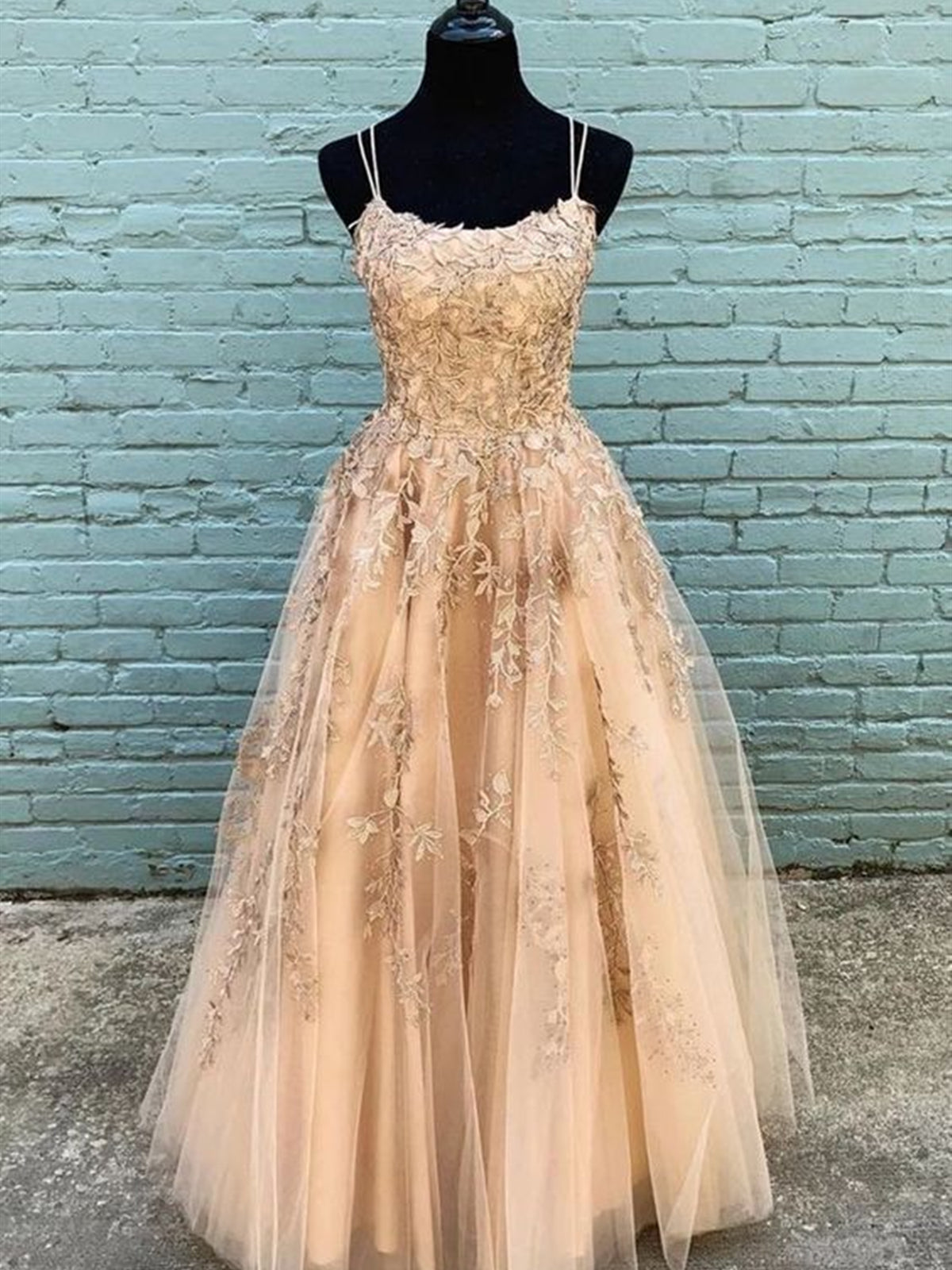 A Line V Neck Champagne Lace Prom Dresses, V Neck Champagne Lace