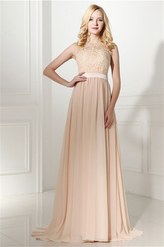 Prom Look, Long Chiffon Champagne Prom Dresses With Lace Bodice