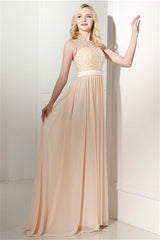 Semi Formal Outfit, Long Chiffon Champagne Prom Dresses With Lace Bodice
