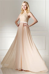 Boho Dress, Long Chiffon Champagne Prom Dresses With Lace Bodice