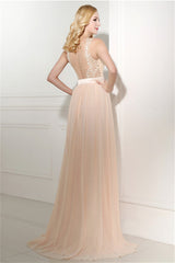 Formal, Long Chiffon Champagne Prom Dresses With Lace Bodice
