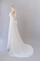 Wedding Dresses Sales, Long Empire A-line V-neck Lace Chiffon Open Back Wedding Dress