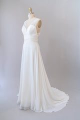 Wedding Dresses Sale, Long Empire A-line V-neck Lace Chiffon Open Back Wedding Dress