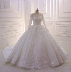 Wedding Dresses Wedding Dresses, Long High neck Appliques Lace Ball Gown Wedding Dress with Sleeves