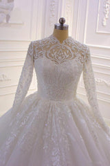Wedding Dresses No Sleeves, Long High neck Appliques Lace Ball Gown Wedding Dress with Sleeves