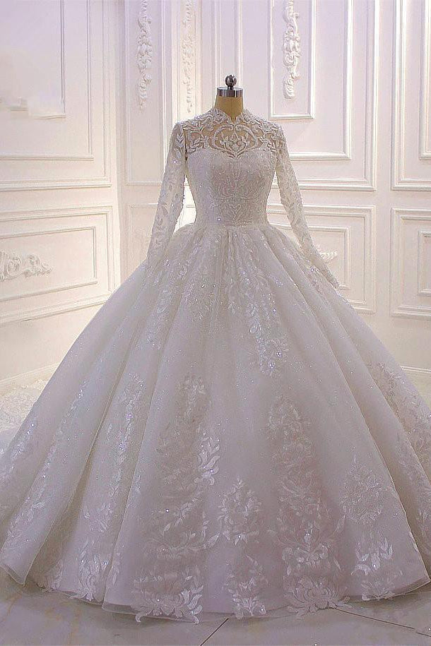 Wedding Dresses Aesthetic, Long High neck Appliques Lace Ball Gown Wedding Dress with Sleeves