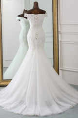 Wedding Dresses Color, Long Mermaid Off Shoulder Lace-up Applique Lace Wedding Dress