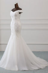 Wedding Dress Colorful, Long Mermaid Off Shoulder Lace-up Applique Lace Wedding Dress