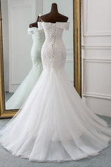 Wedding Dress With Sleeves Lace, Long Mermaid Off the Shoulder Appliques Lace Tulle Wedding Dress