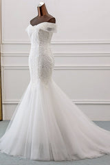 Wedding Dress Shopping Outfit, Long Mermaid Off the Shoulder Appliques Lace Tulle Wedding Dress