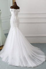 Wedding Dress Shopping Outfits, Long Mermaid Off the Shoulder Appliques Lace Tulle Wedding Dress