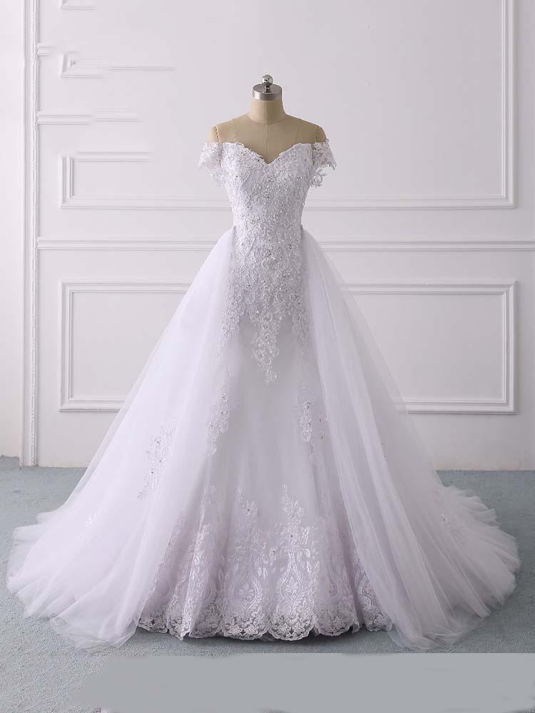 Wedding Dresses Fashion, Long Mermaid Off-the-Shoulder Lace Tulle White Wedding Dresses