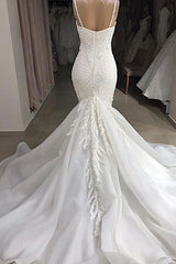 Wedding Dress Back, Long Mermaid Spaghetti Strap Appliques Lace Wedding Dress