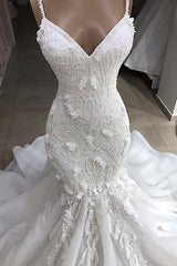 Wedding Dresses Back, Long Mermaid Spaghetti Strap Appliques Lace Wedding Dress