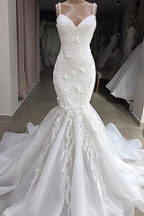Wedding Dress Under 5002, Long Mermaid Spaghetti Strap Appliques Lace Wedding Dress