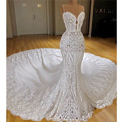 Wedding Dresses And Shoes, Long Mermaid Spaghetti Straps Appliques Lace Wedding Dress With Cathedral Train