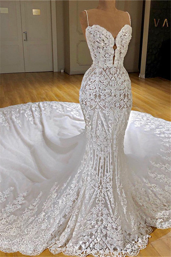 Wedding Dress Fashion, Long Mermaid Spaghetti Straps Appliques Lace Wedding Dress With Cathedral Train