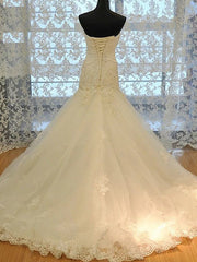 Weddings Dress Long Sleeve, Long Mermaid Strapless Court Train Lace Organza Wedding Dresses