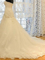 Wedding Dress Long Sleeves, Long Mermaid Strapless Court Train Lace Organza Wedding Dresses